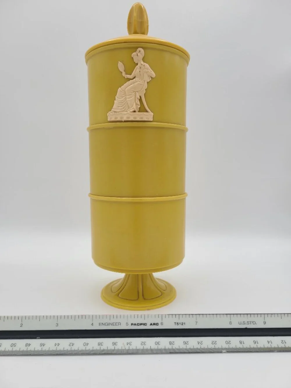 Vintage 3 Tier Yellow Powder Box Celluloid Wedgwood Jasperware Style Victorian